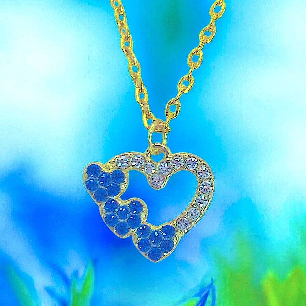 Heart Blue & Clear Crystal Gold Plated Necklace Hearts, Love, & Valentine - Picture 5 of 6